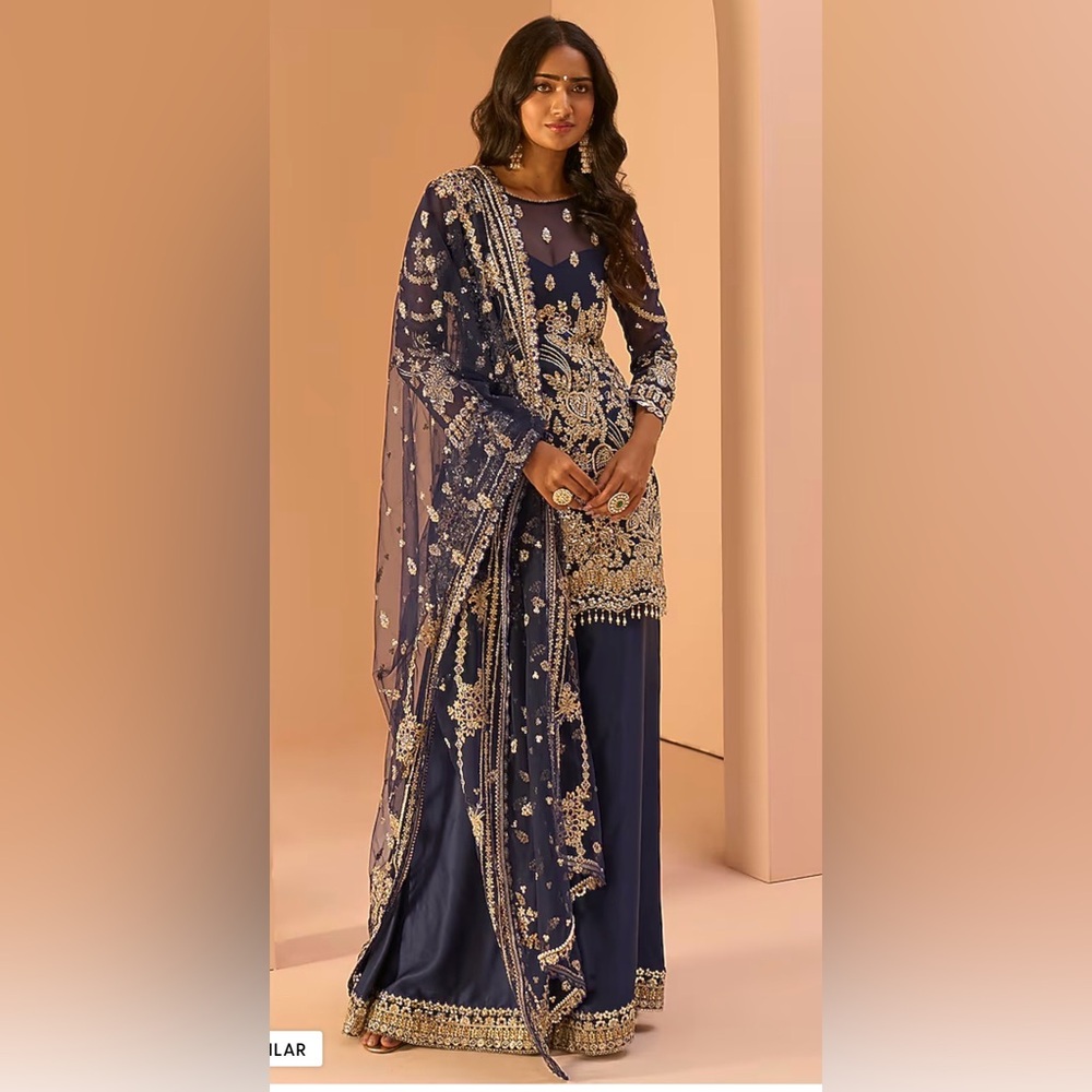 LASHKARAA
Blue Satin Zari & Sequins Embroidered Sharara Set